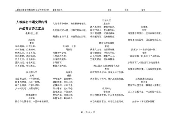 初中语文人教版所有的诗歌？七年级上册必背古诗十首及诗意？ 